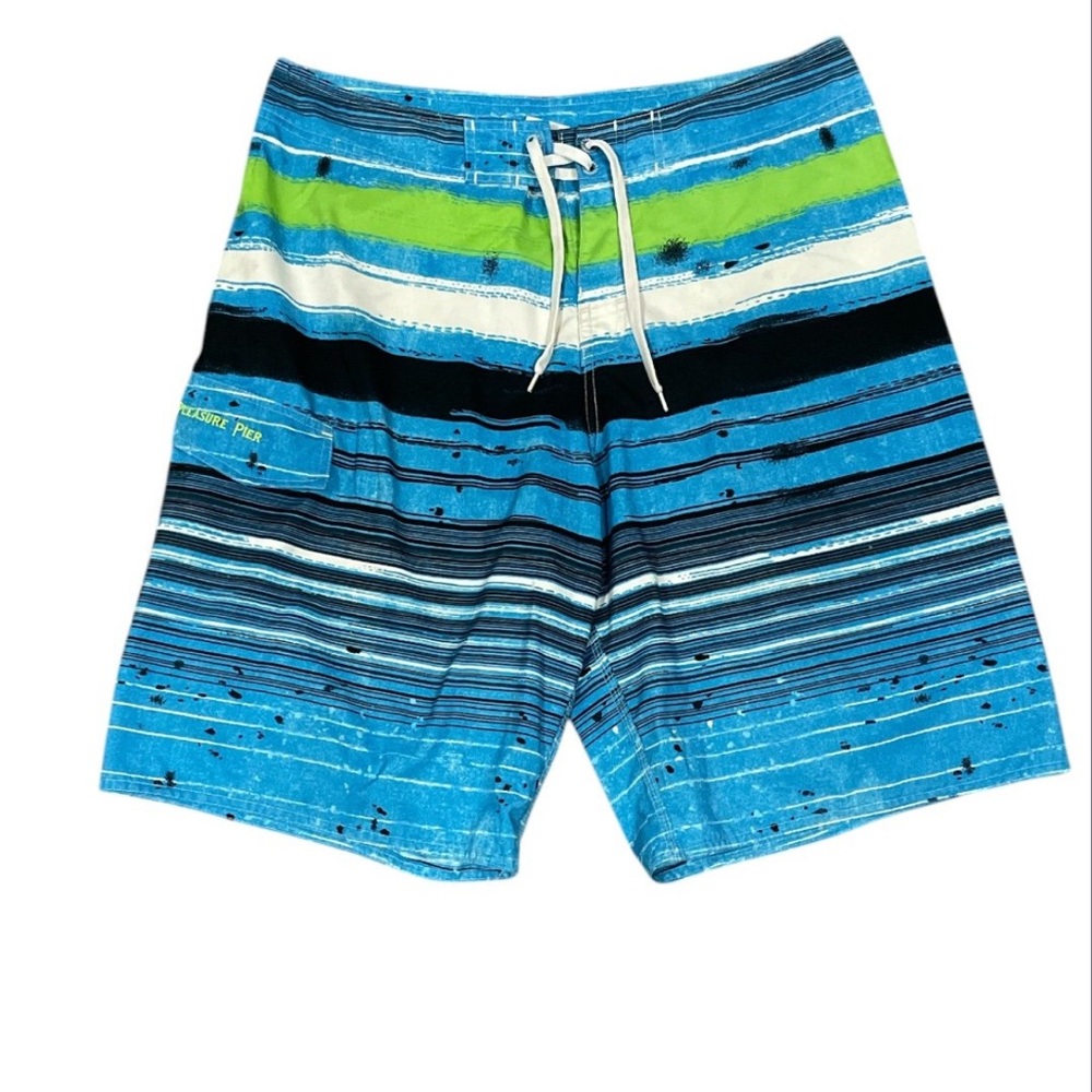 Blue and Green Striped Unlined Swimming Trunks Men's Size 36